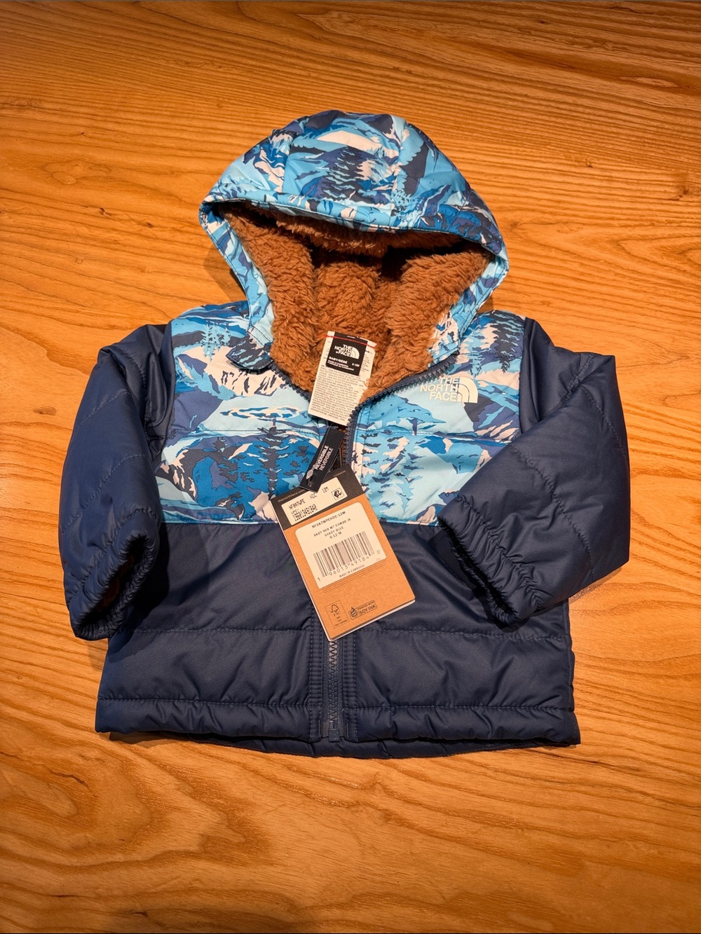The North Face Navy and Light Blue Hooded Toddler Puffer Jacket